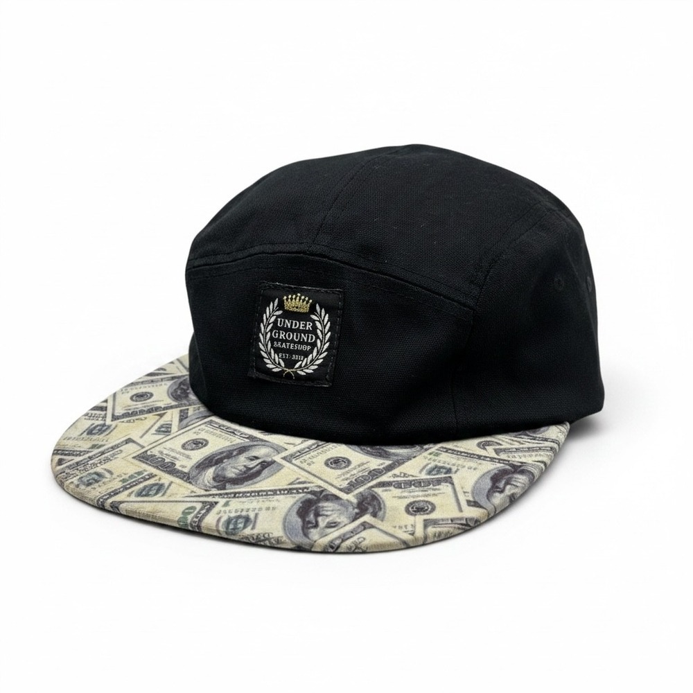 Vintage 5-Panel Hat Under Ground Skateshop OS Black‎ Cotton Money Print Brim
